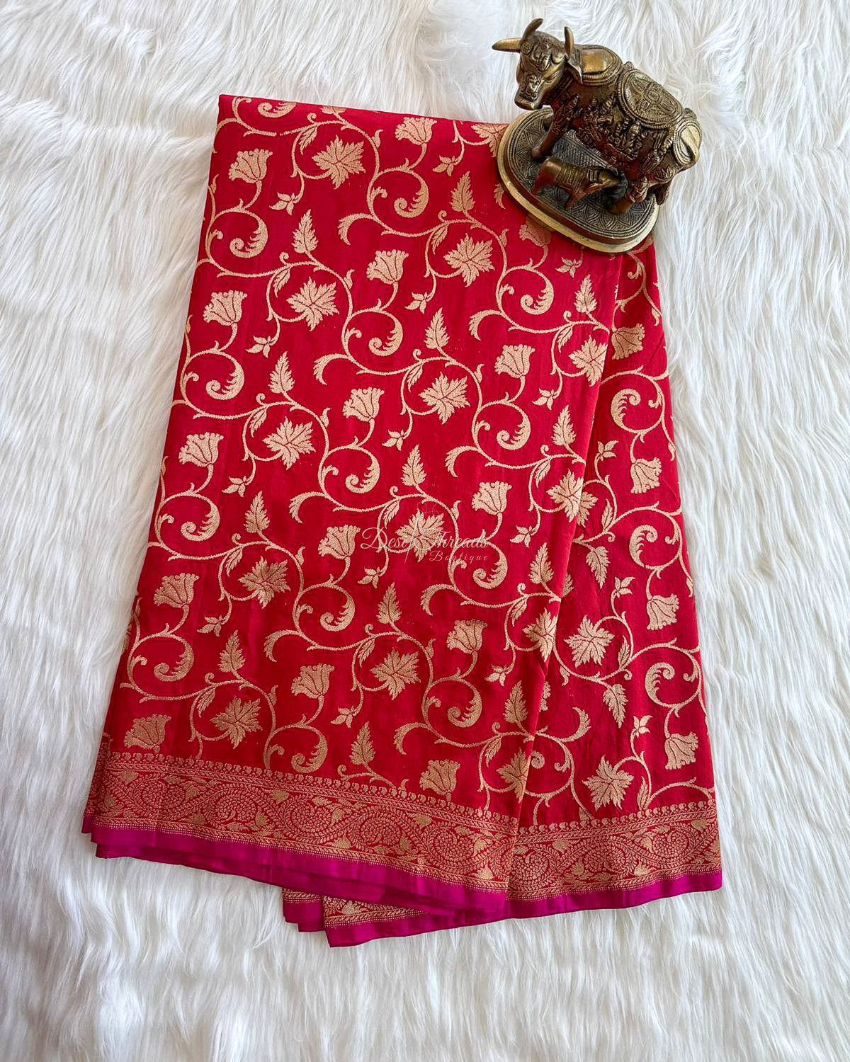 Red Handloom Katan Silk Saree with Gold Zari Jaal