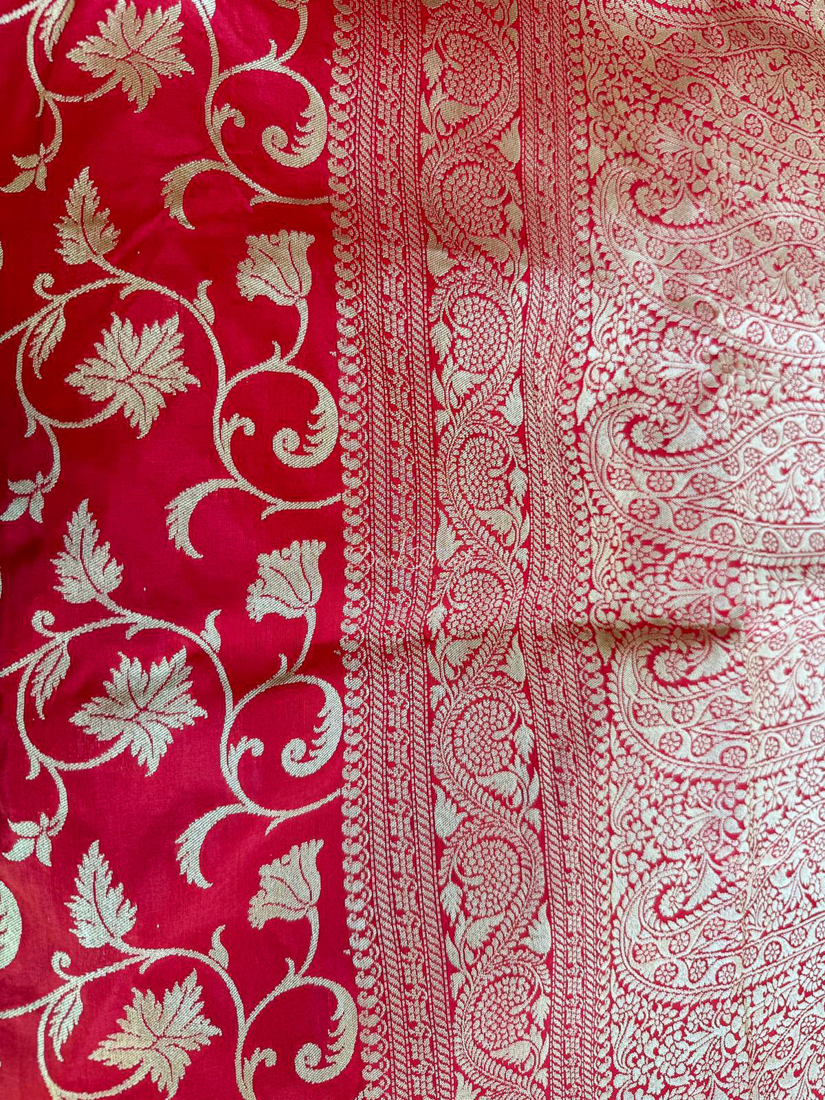 Red Handloom Katan Silk Saree with Gold Zari Jaal