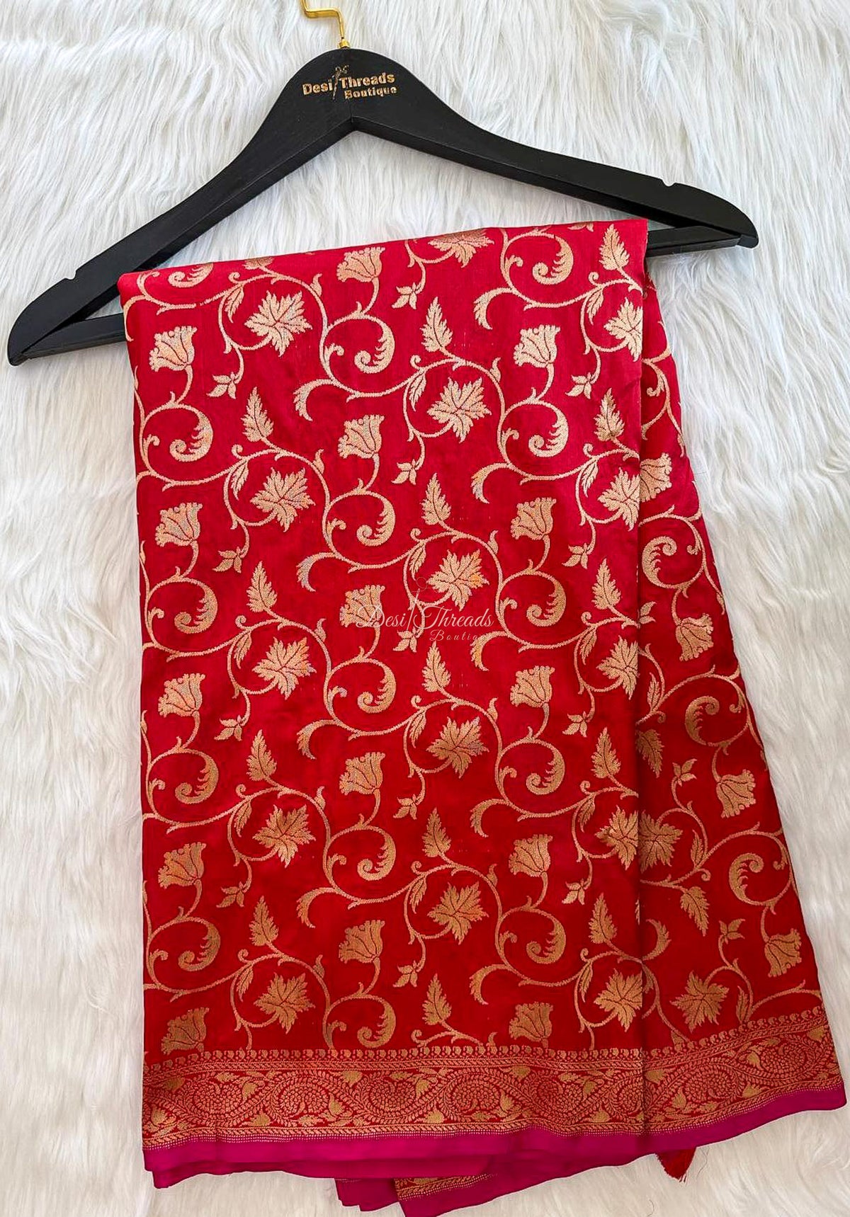 Red Handloom Katan Silk Saree with Gold Zari Jaal