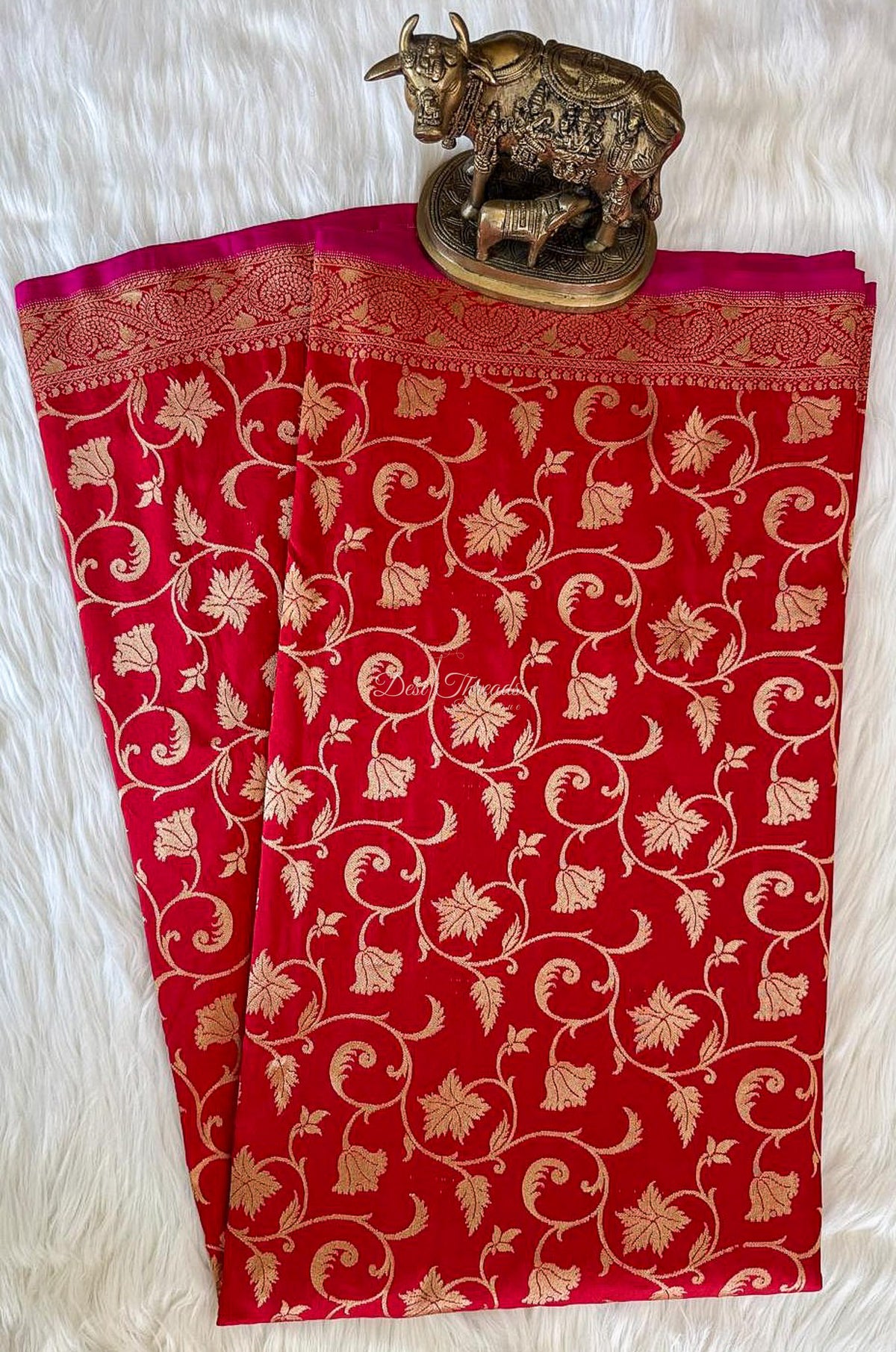 Red Handloom Katan Silk Saree with Gold Zari Jaal