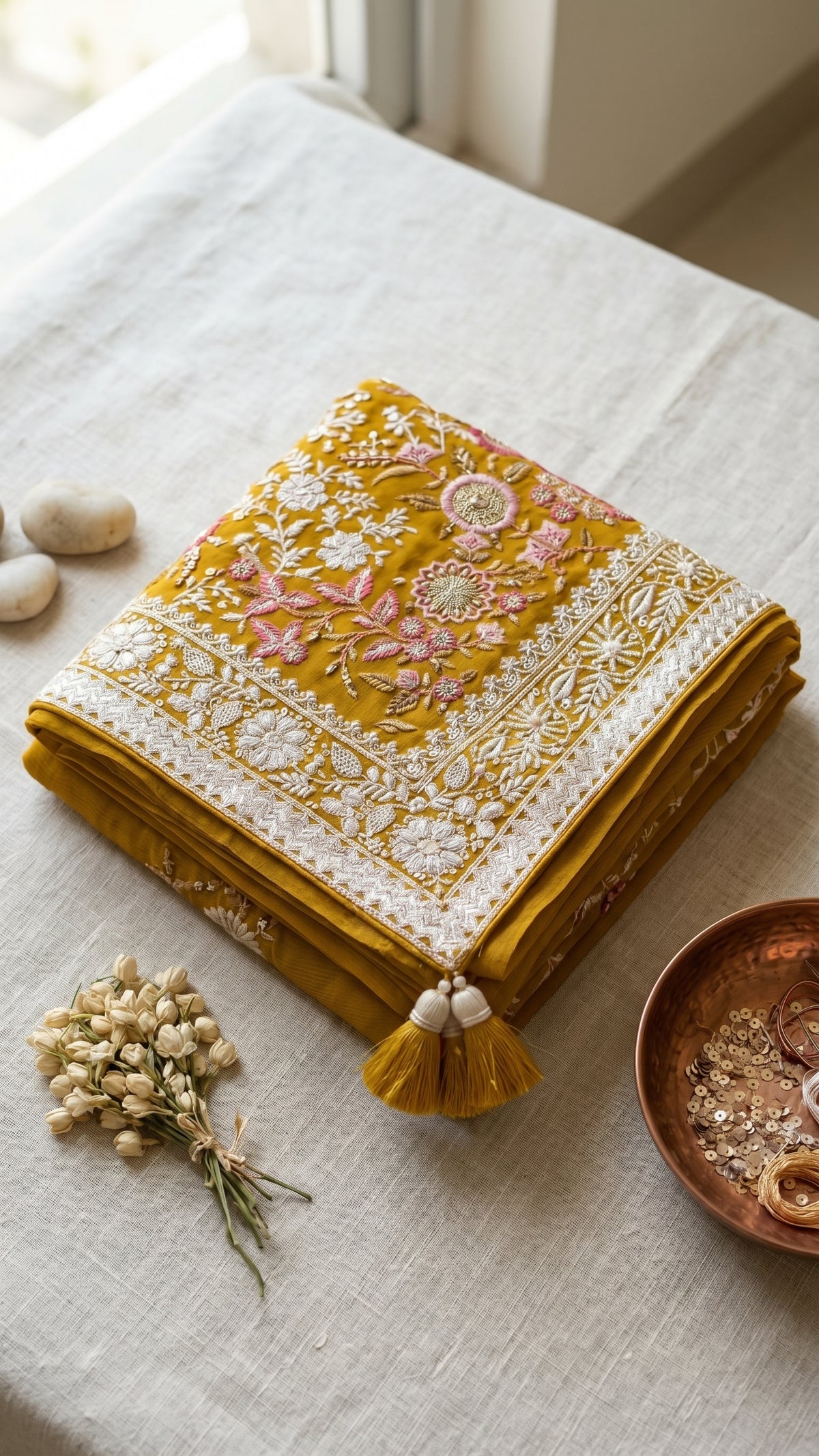 Handcrafted Chikankari Premium Georgette Saree with Multicolored Floral Embroidery & Pallu Tassels