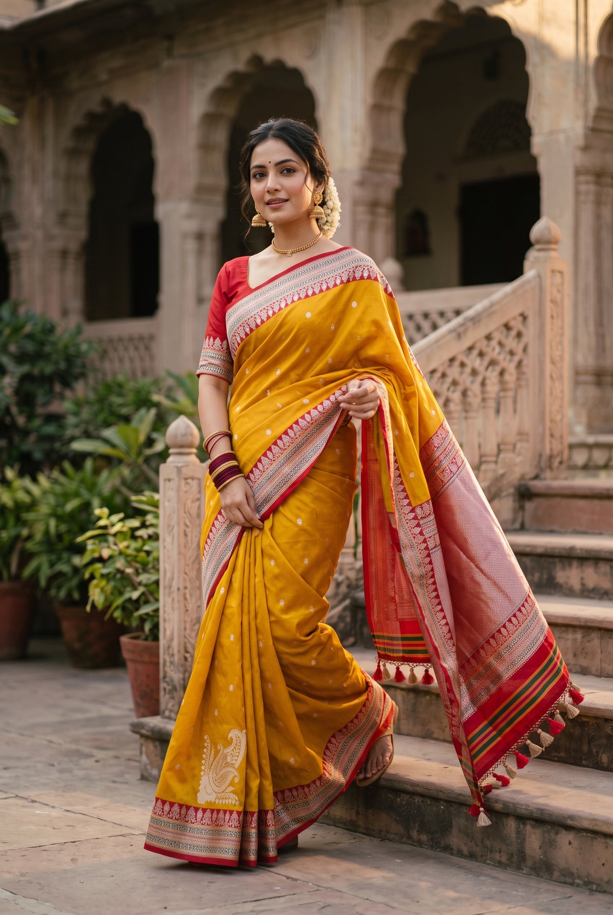 Mustard Yellow Kadwa Banarsi Saree with Red Zari Pallu