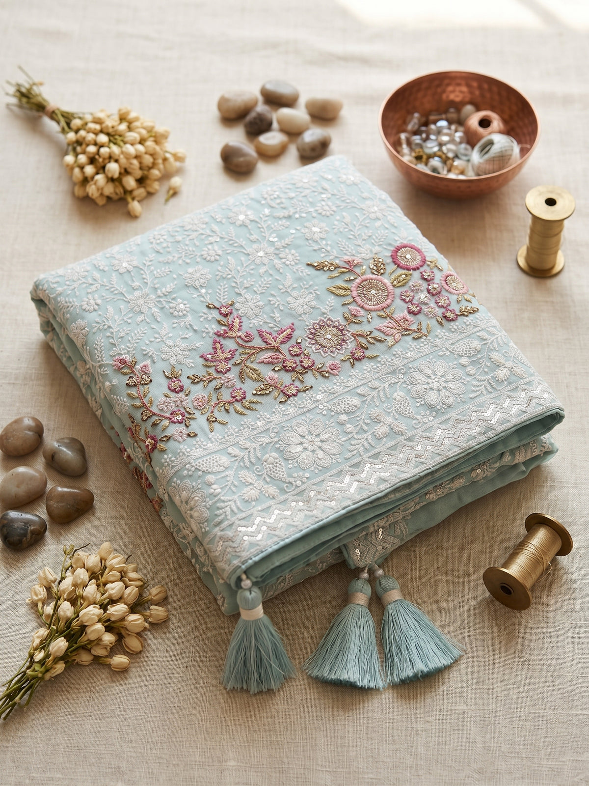 Handcrafted Chikankari Premium Georgette Saree with Multicolored Floral Embroidery & Pallu Tassels