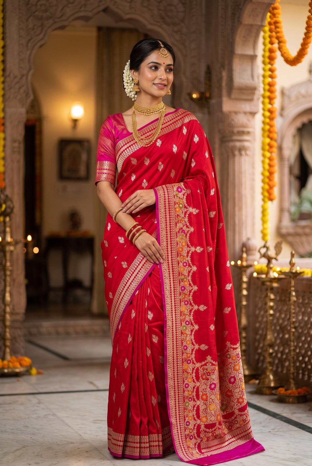 Red Pure Katan Silk Banarsi Saree with Meenakari Rose Pallu