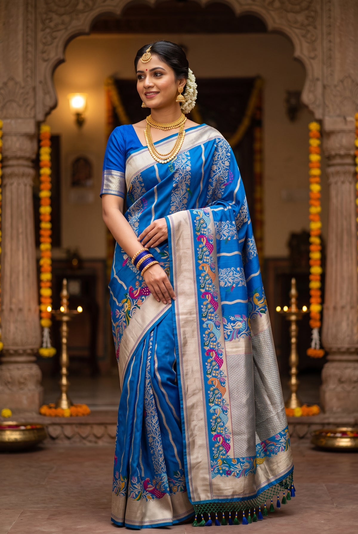 Royal Blue Pure Ektara Banarsi Saree with Zari Vines and Meenakari Peacocks