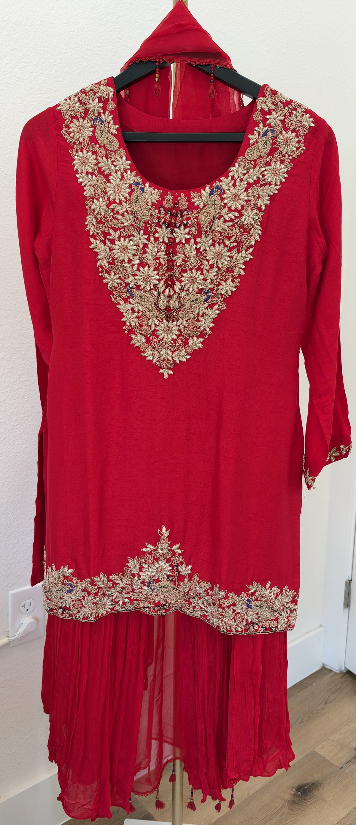 Red Embroidered Sharara Suit with Gota Work and Dupatta