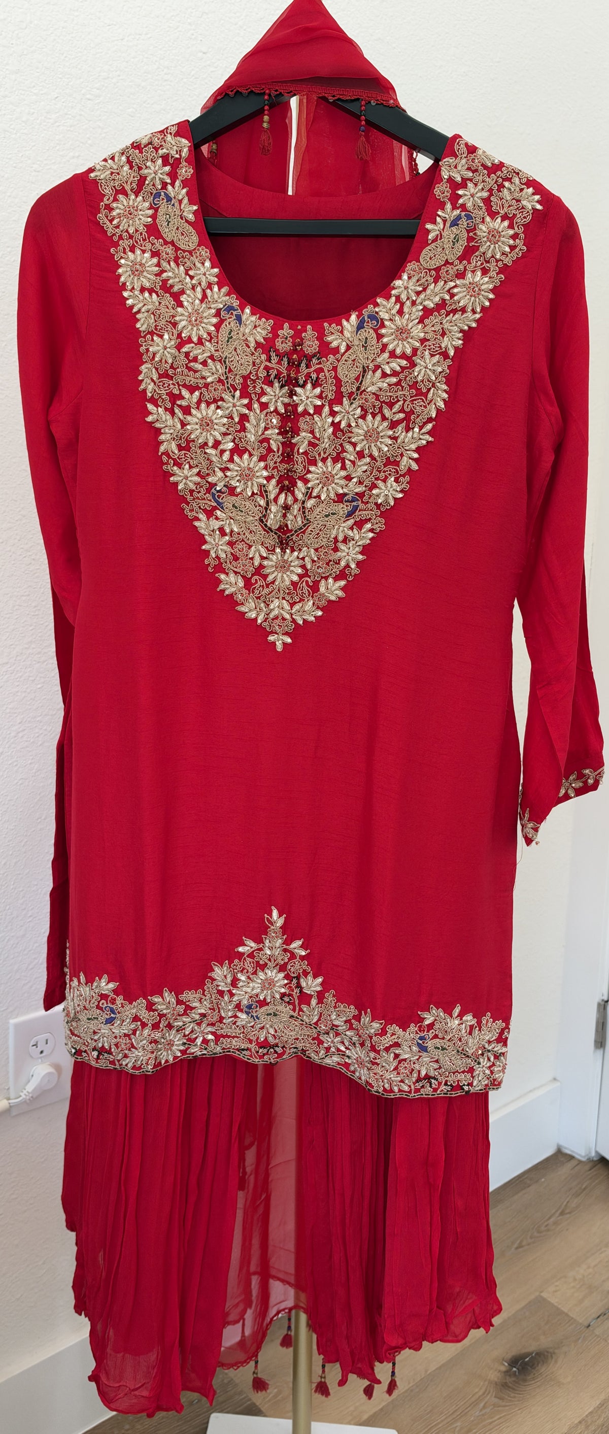 Red Embroidered Sharara Suit with Gota Work and Dupatta