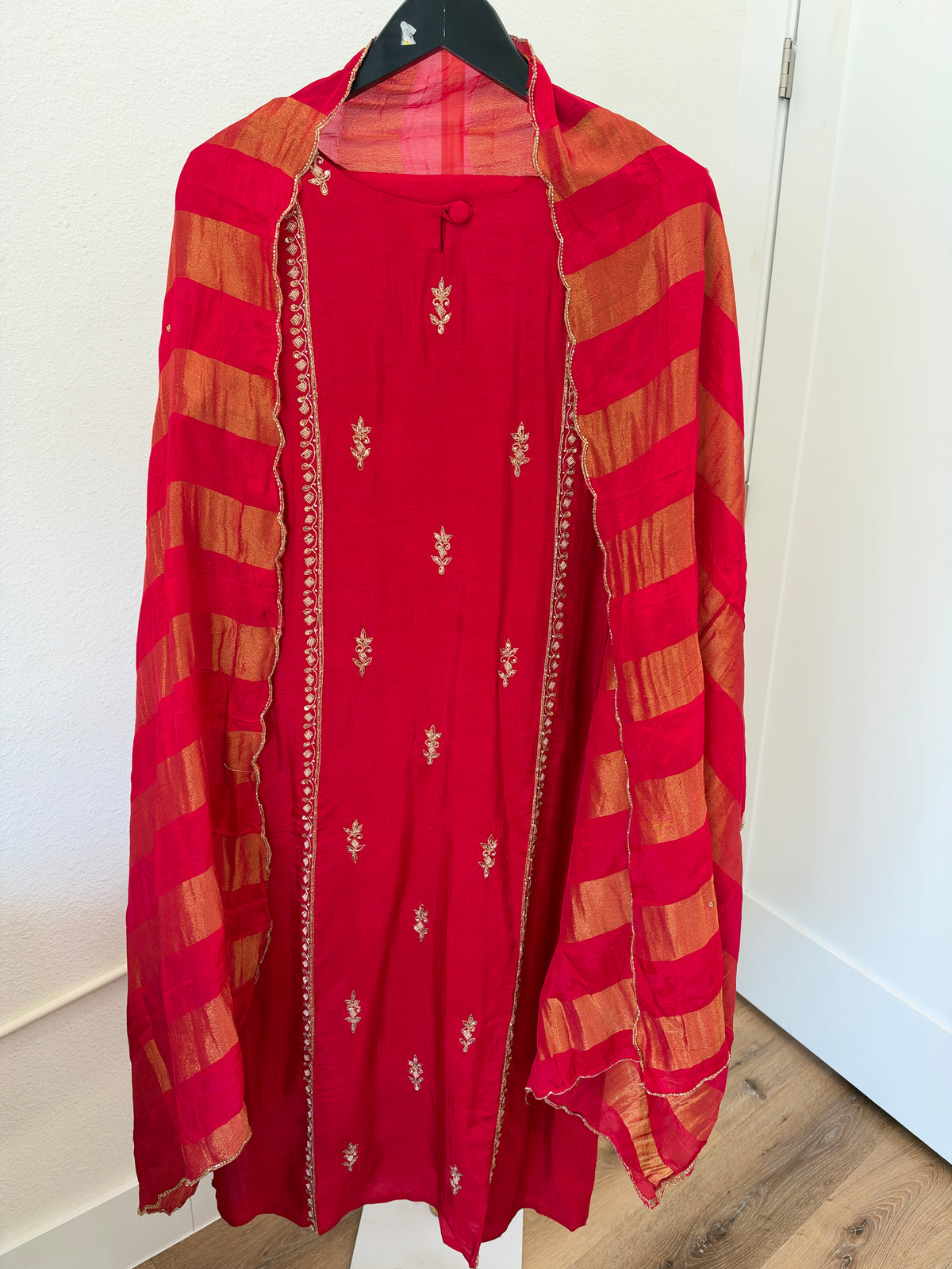 Red Embroidered Straight Suit with Zari Striped Dupatta