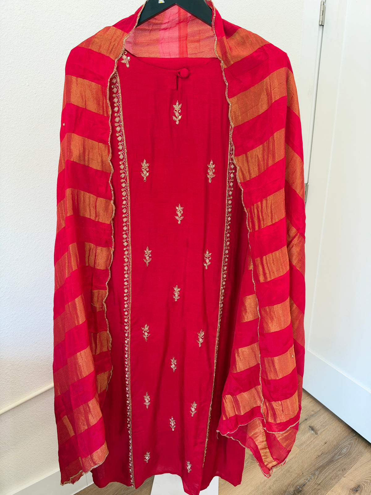 Red Embroidered Straight Suit with Zari Striped Dupatta