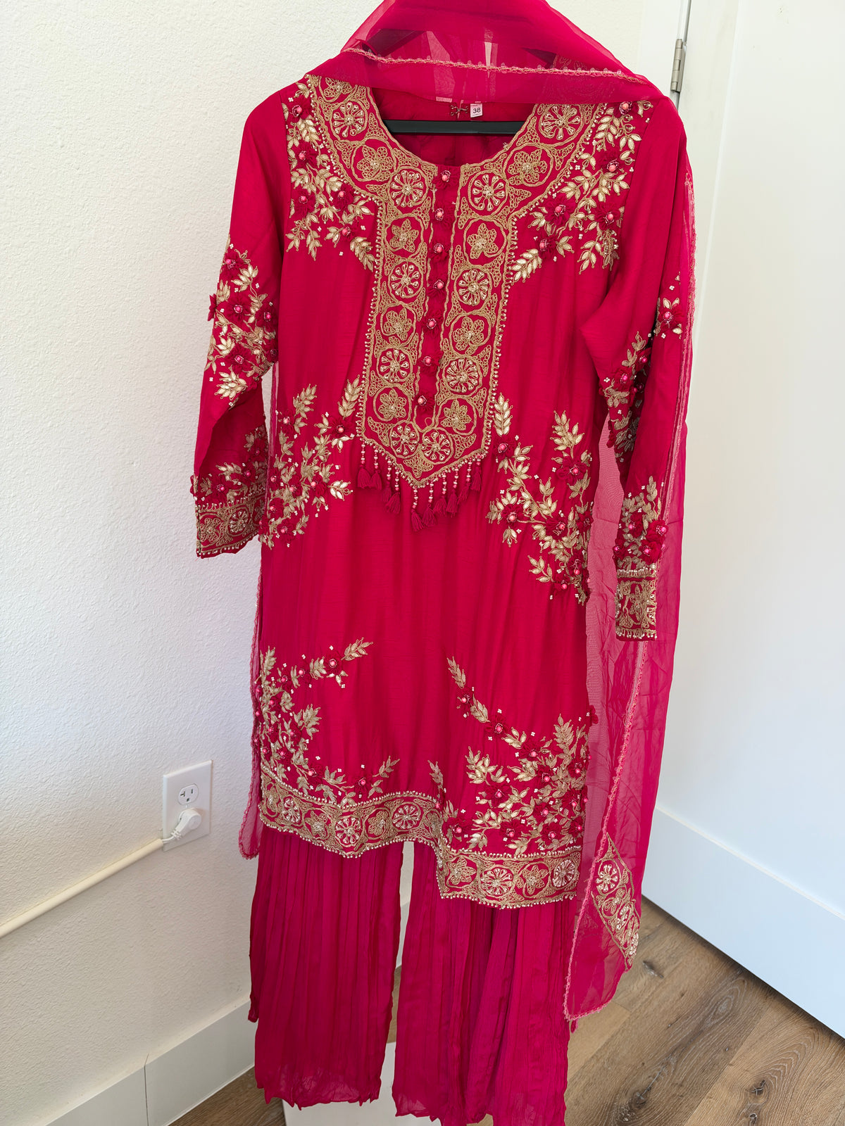 Rani Pink Embroidered Sharara Suit with 3D Floral Work