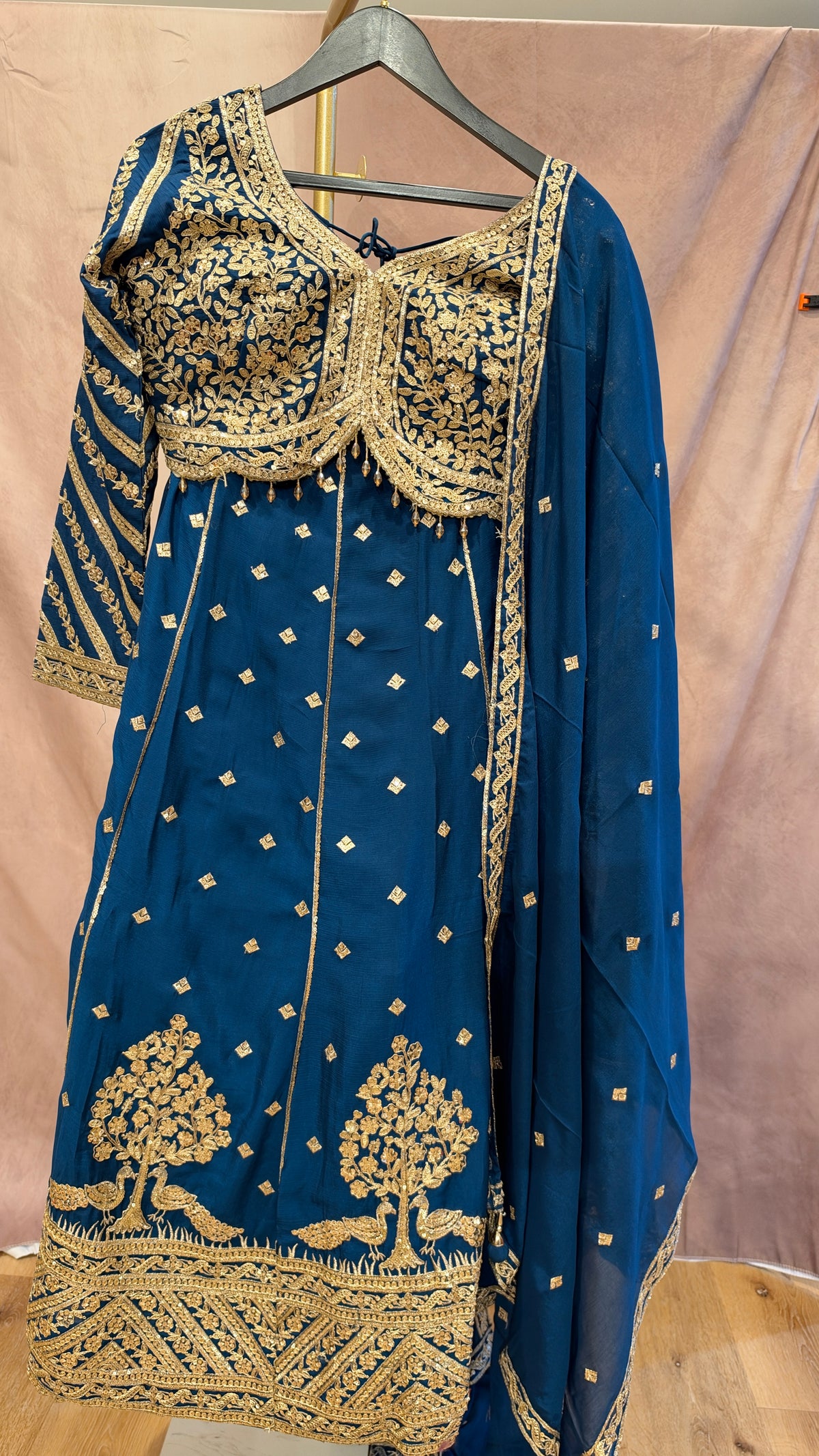 Peacock Blue Embroidered Lehenga with Tree of Life and Peacock Motifs