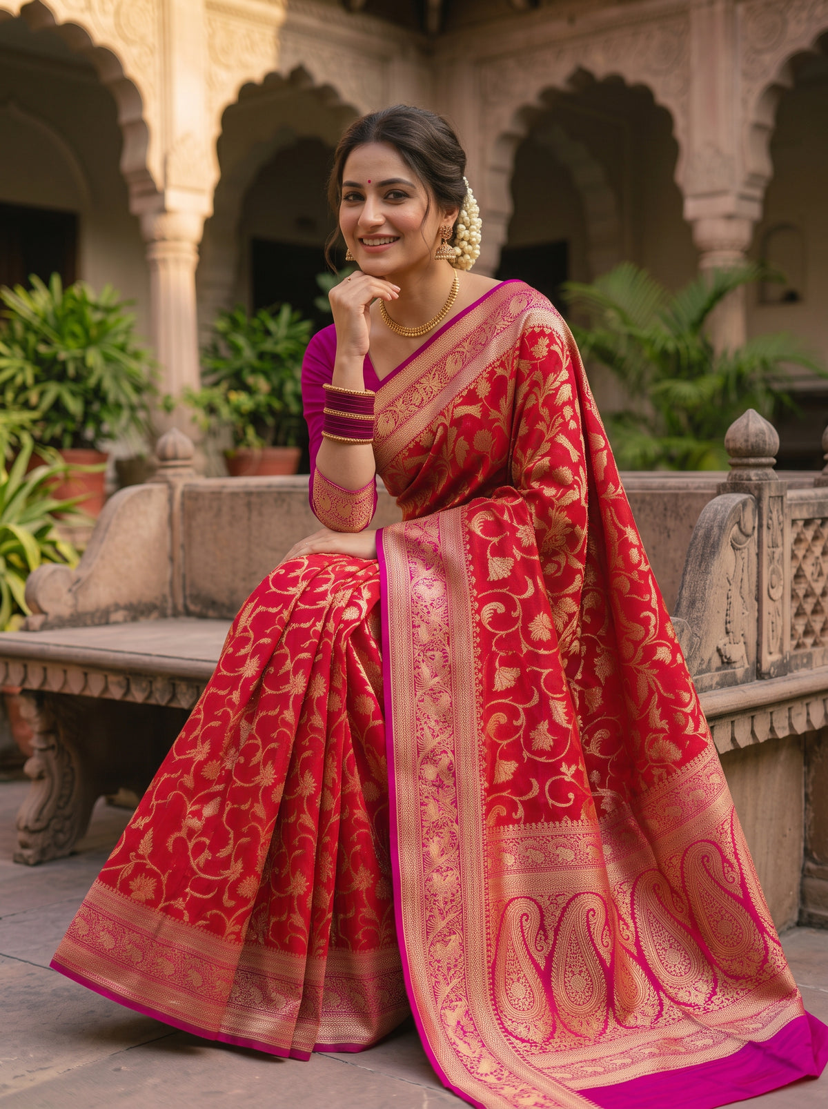 Red Handloom Katan Silk Saree with Gold Zari Jaal