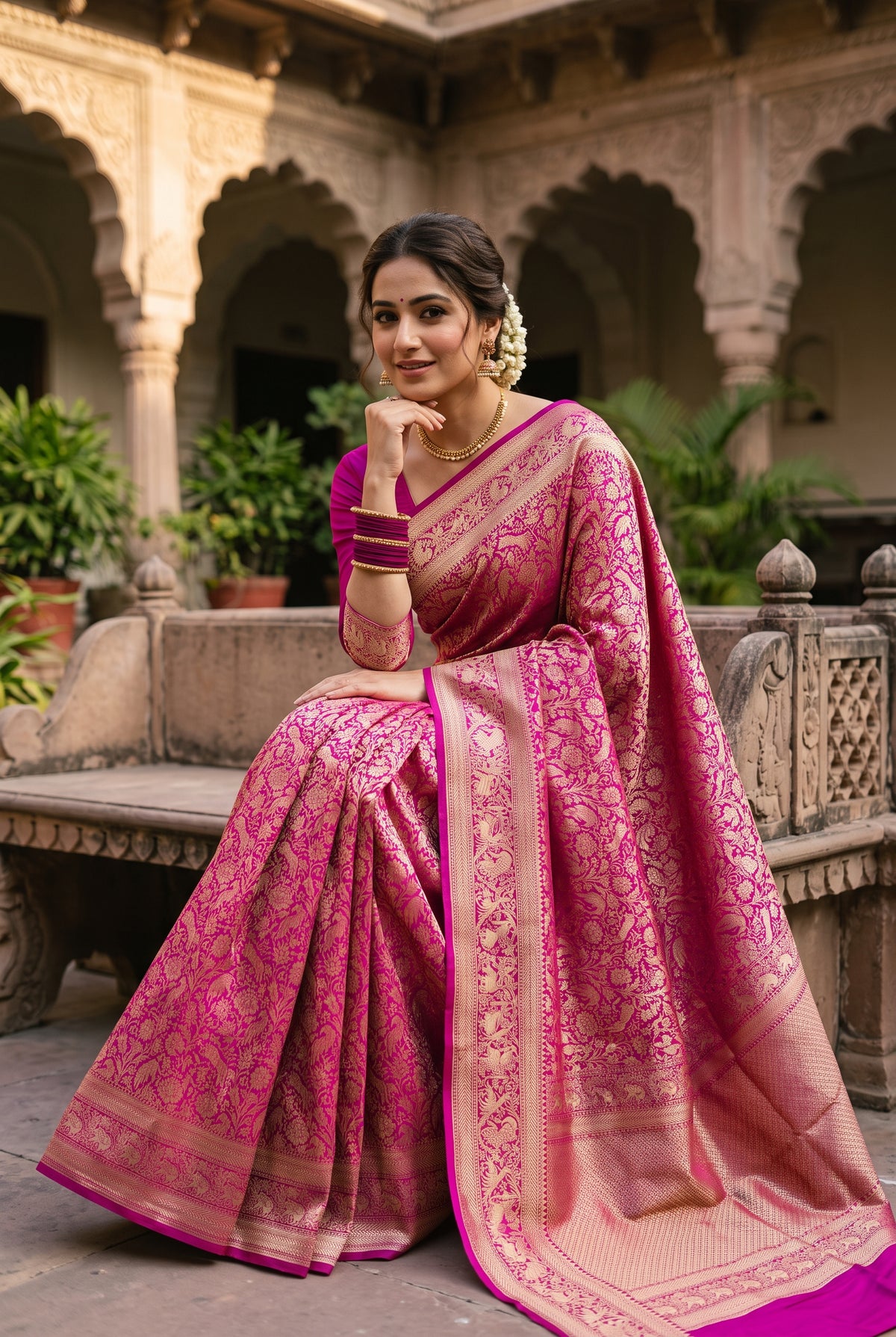 Pink Pure Katan Brocade Shikargah Saree