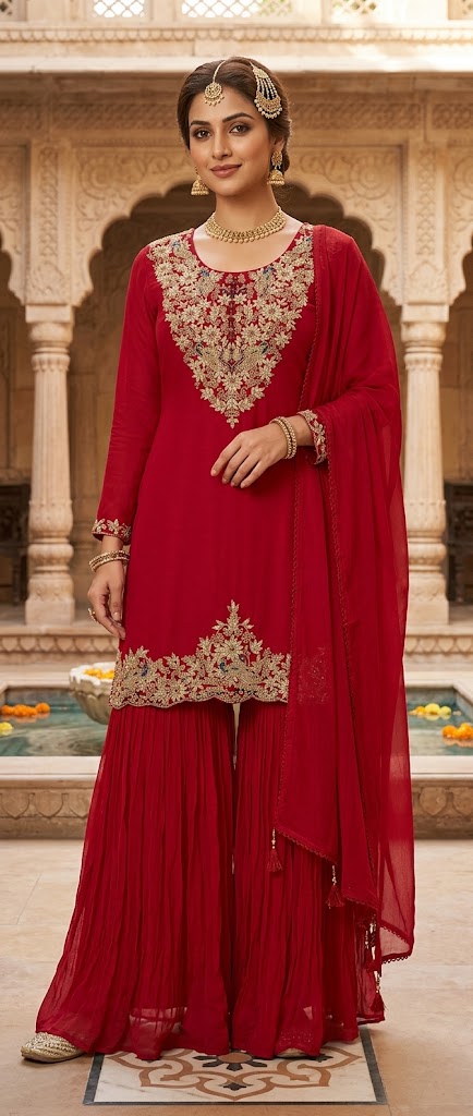 Red Embroidered Sharara Suit with Gota Work and Dupatta