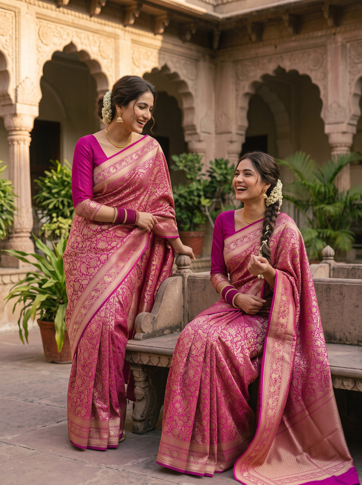 Pink Pure Katan Brocade Shikargah Saree