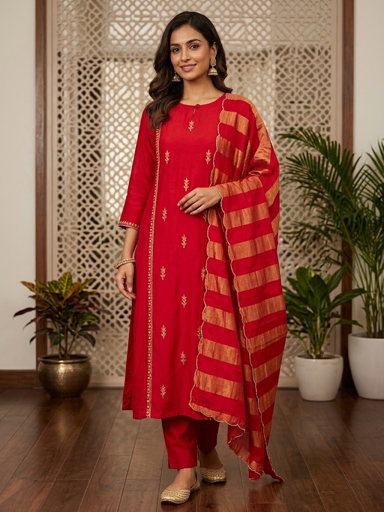 Red Embroidered Straight Suit with Zari Striped Dupatta