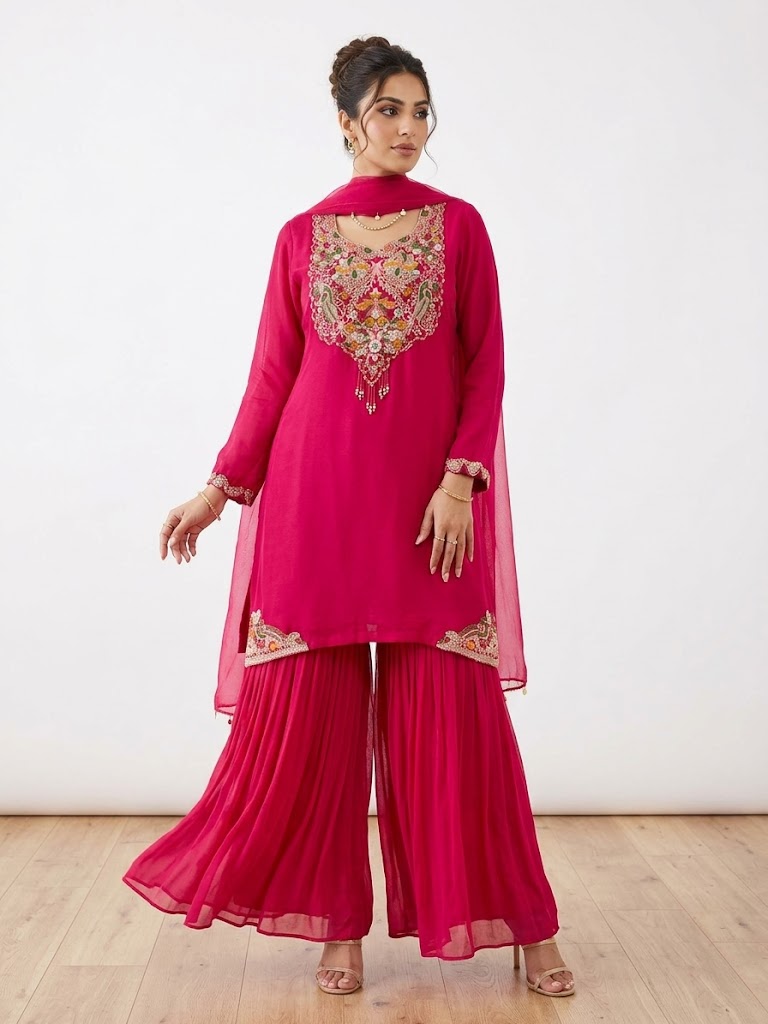 Rani Pink Resham Embroidered Sharara Suit with Dupatta
