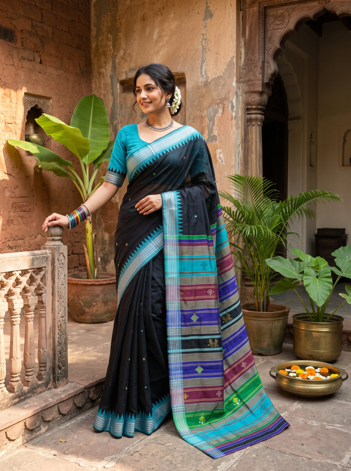 Black Pure Berhampuri Silk Saree with Turquoise Temple Border