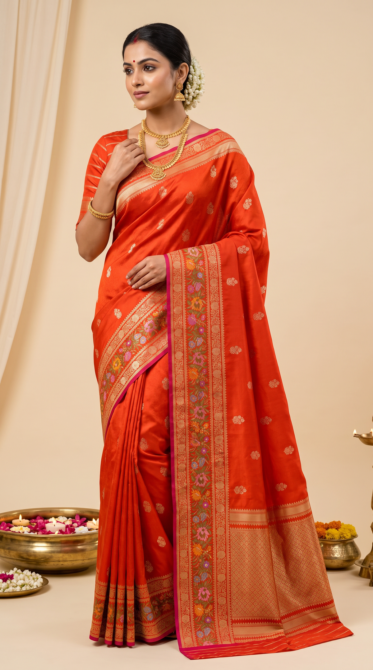 Orange Banarasi Silk Saree with Zari Buttis and Meenakari Floral Border