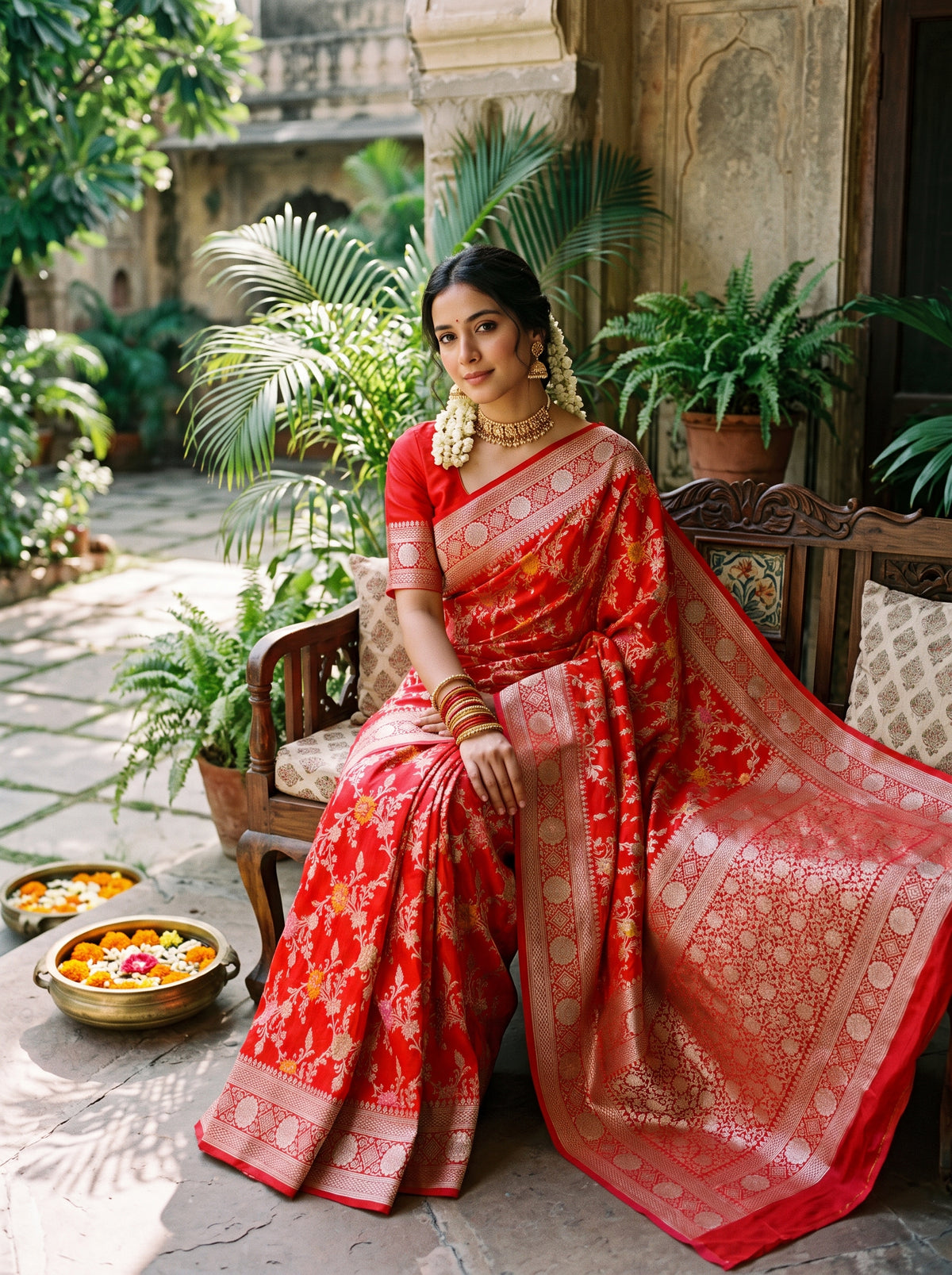Orange Pure Katan Silk Banarasi Saree with Zari and Meenakari Jaal