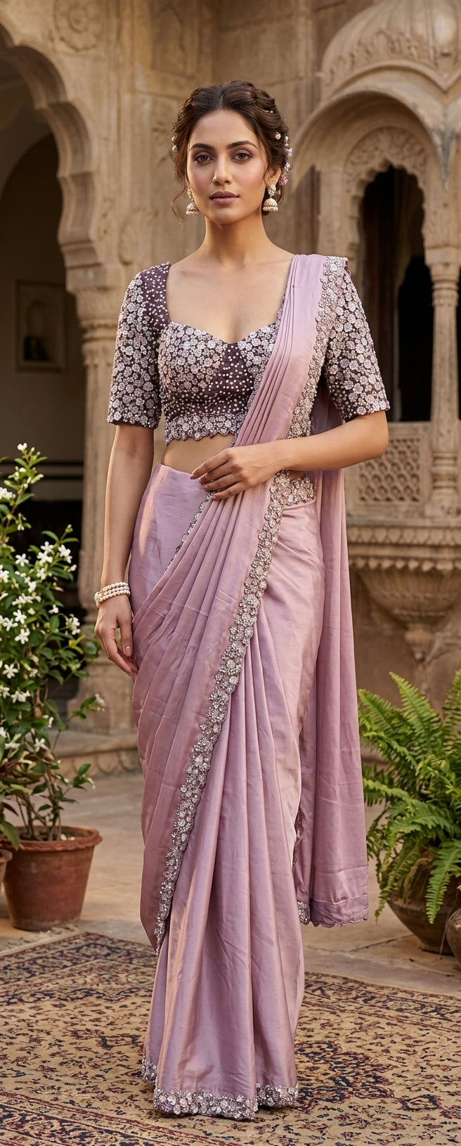 Mauve Pre-Draped Saree with Pearl and Sequin Embellished Blouse
