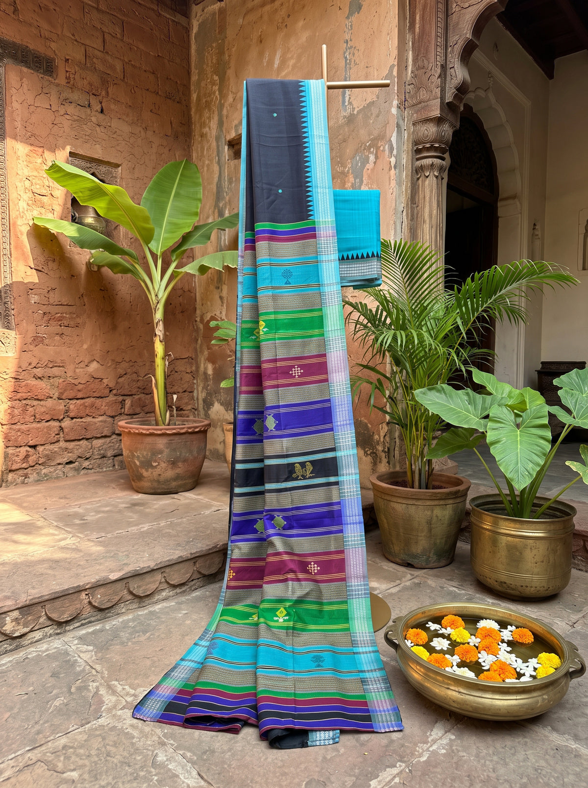 Black Pure Berhampuri Silk Saree with Turquoise Temple Border