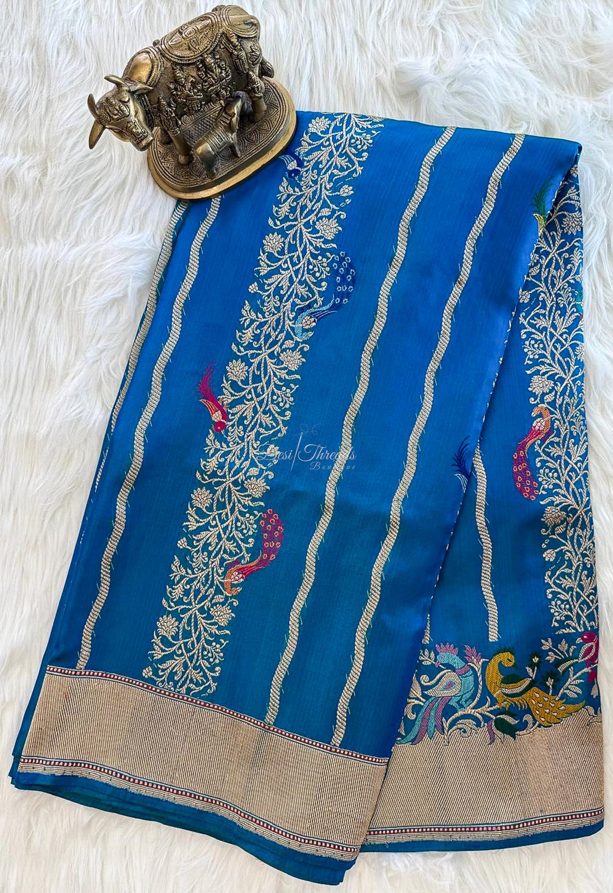 Royal Blue Pure Ektara Banarsi Saree with Zari Vines and Meenakari Peacocks