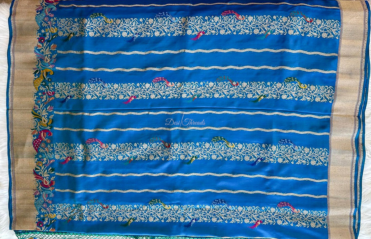 Royal Blue Pure Ektara Banarsi Saree with Zari Vines and Meenakari Peacocks