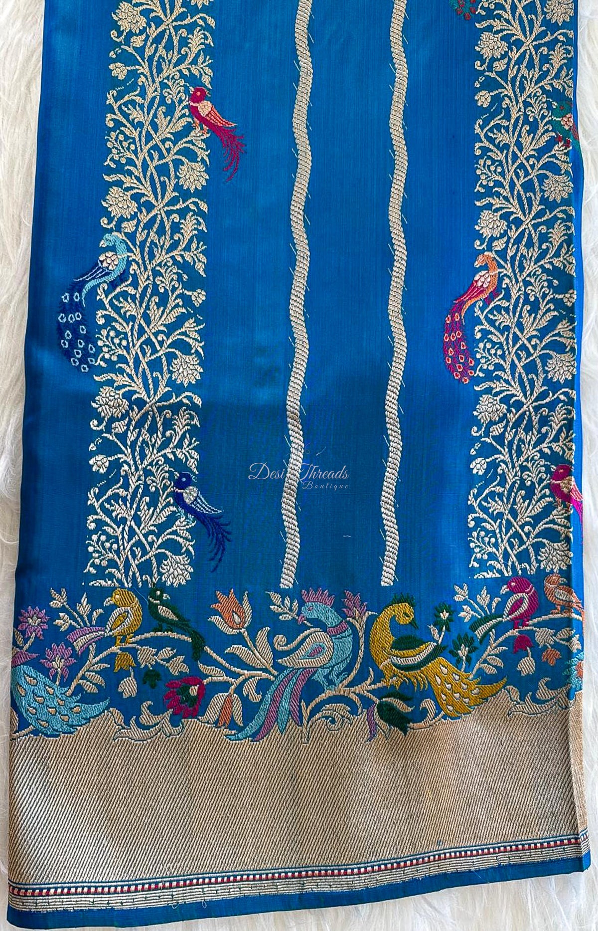 Royal Blue Pure Ektara Banarsi Saree with Zari Vines and Meenakari Peacocks
