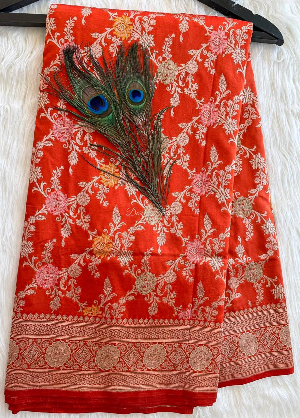 Orange Pure Katan Silk Banarasi Saree with Zari and Meenakari Jaal