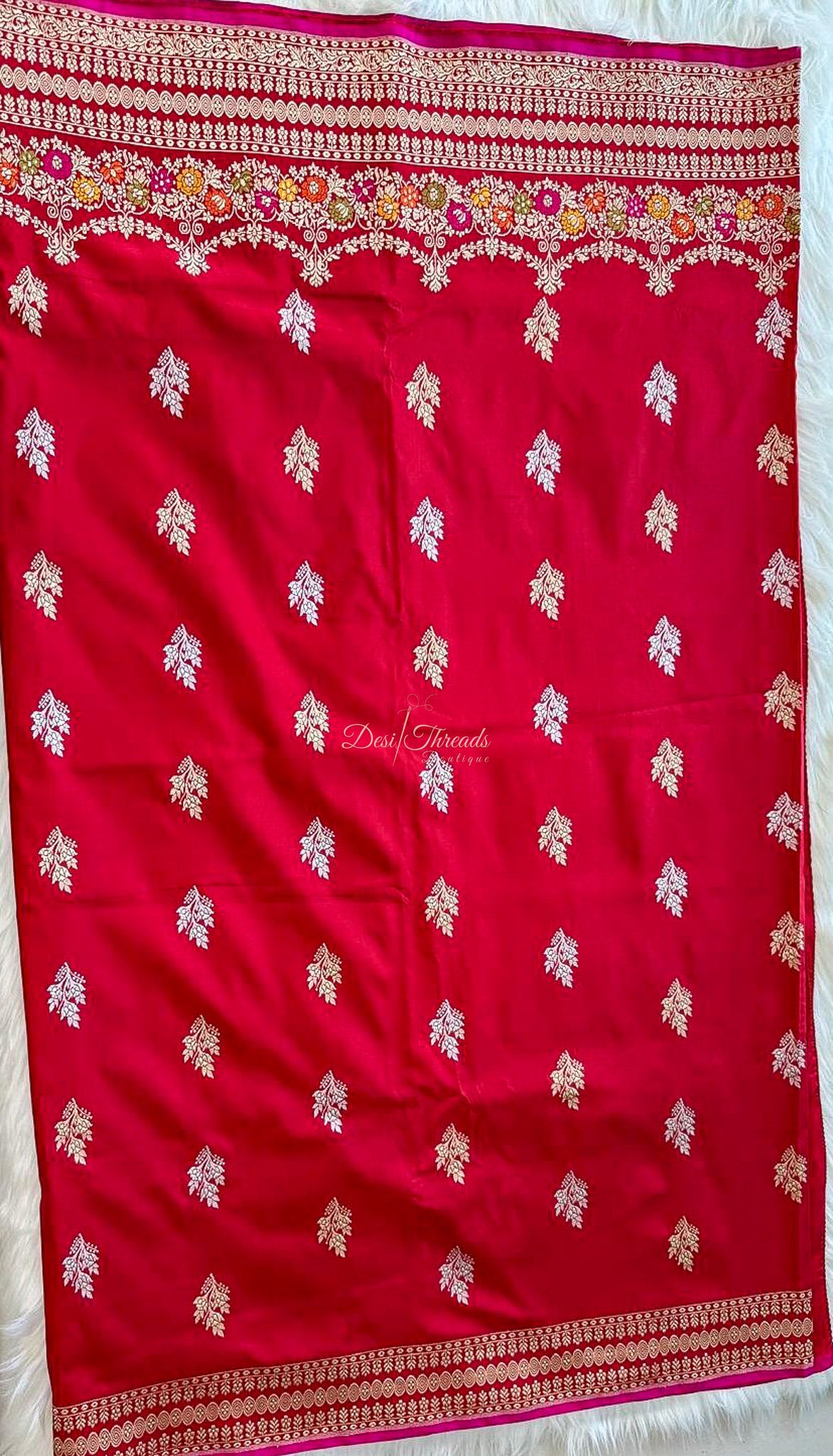 Red Pure Katan Silk Banarsi Saree with Meenakari Rose Pallu