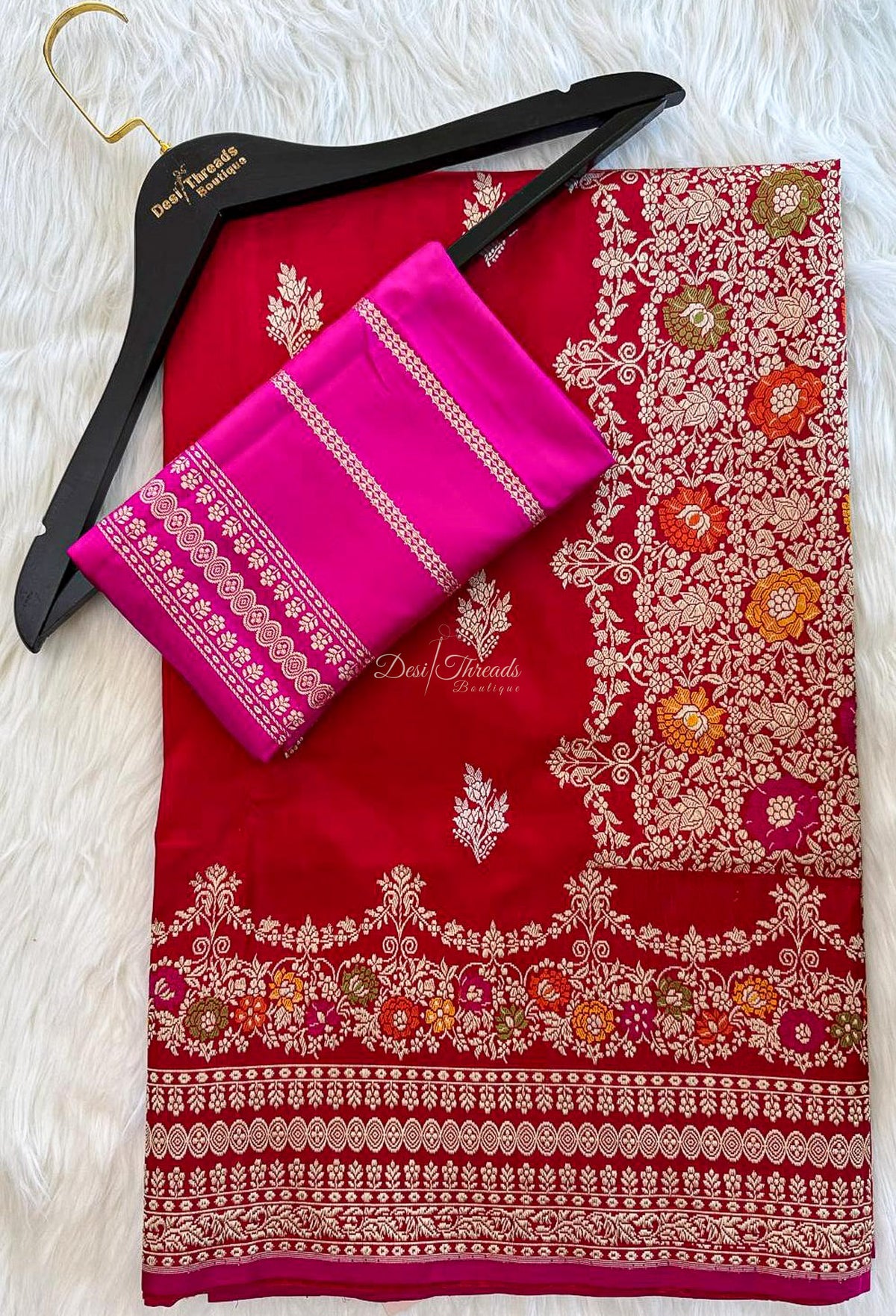 Red Pure Katan Silk Banarsi Saree with Meenakari Rose Pallu