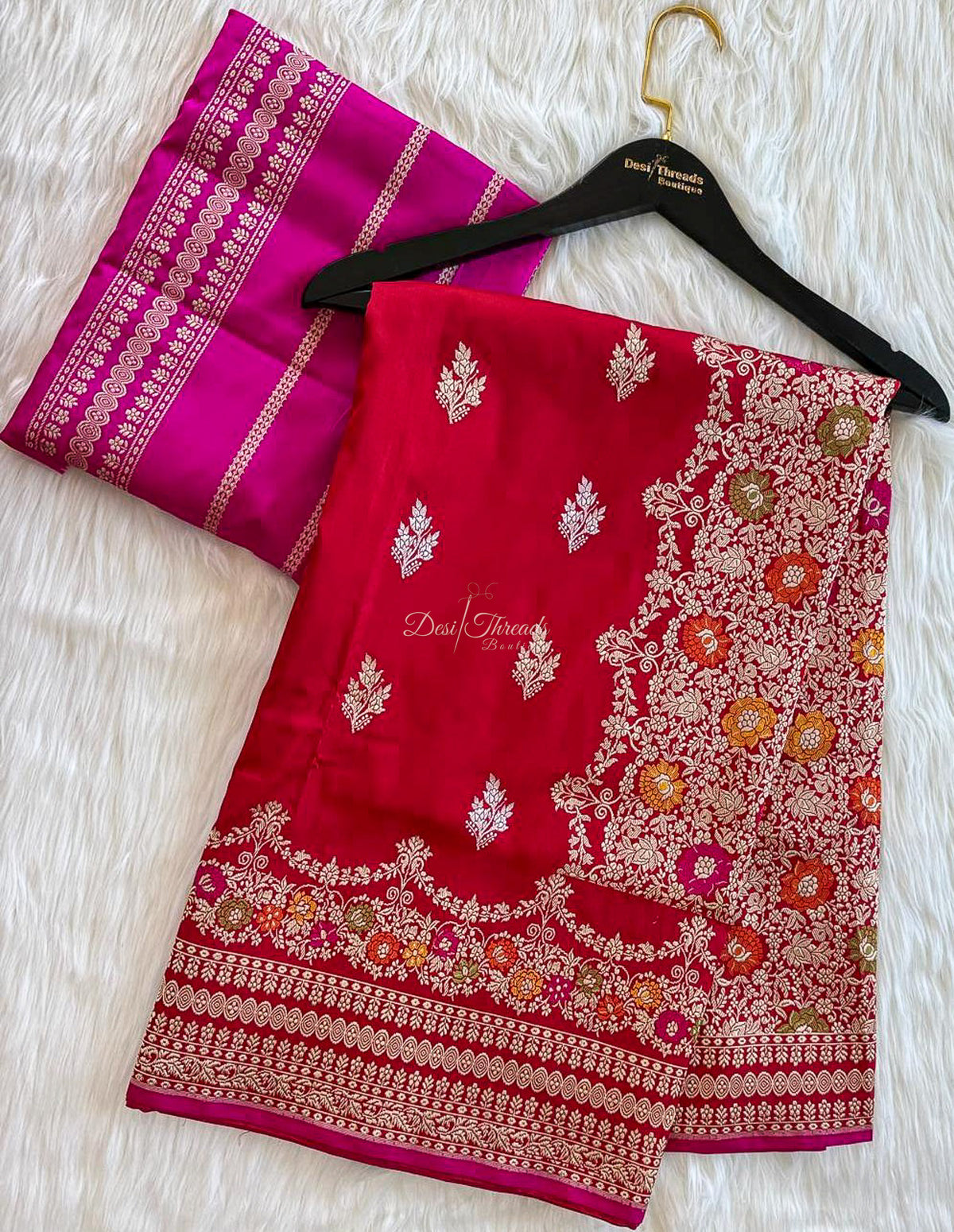 Red Pure Katan Silk Banarsi Saree with Meenakari Rose Pallu