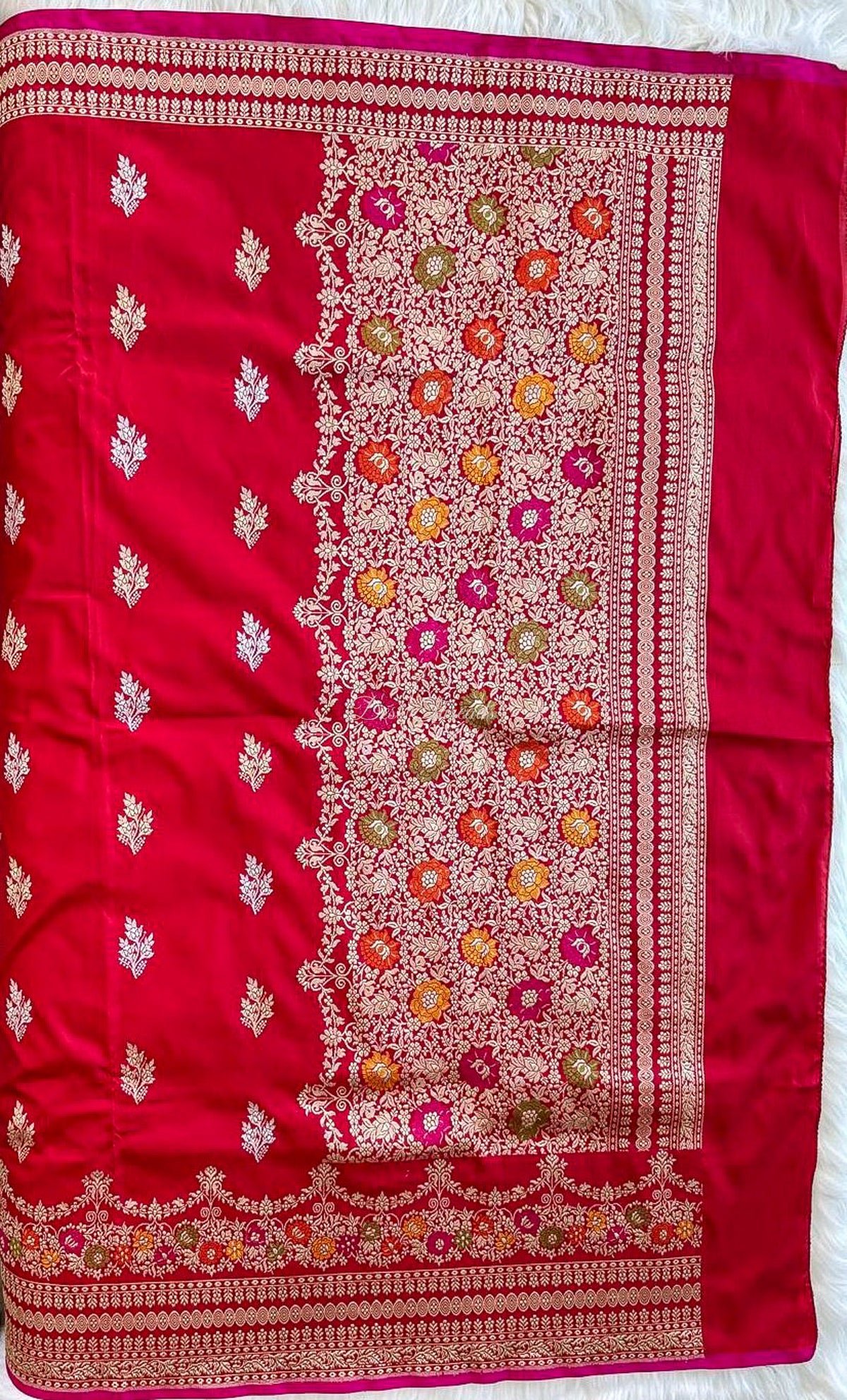 Red Pure Katan Silk Banarsi Saree with Meenakari Rose Pallu