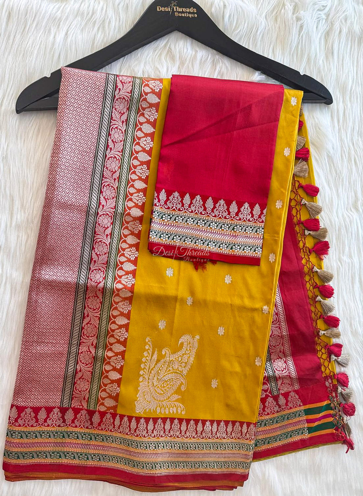 Mustard Yellow Kadwa Banarsi Saree with Red Zari Pallu