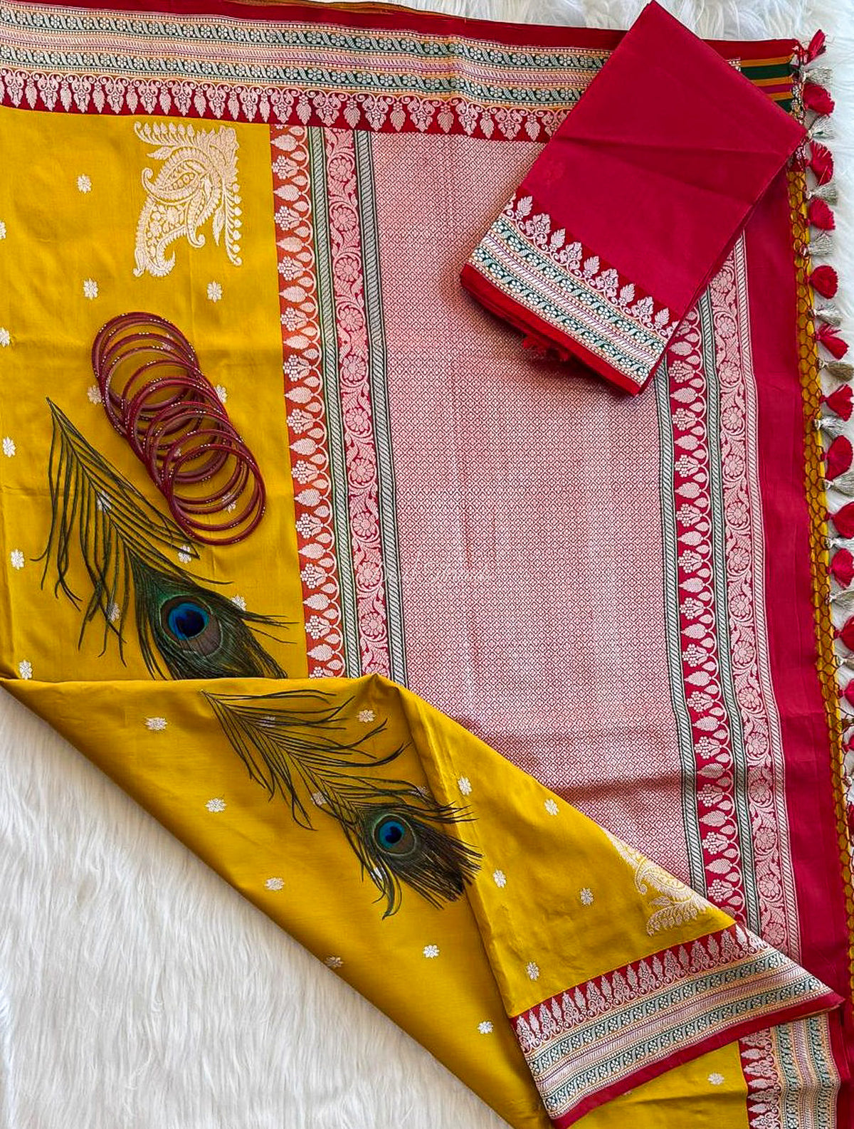 Mustard Yellow Kadwa Banarsi Saree with Red Zari Pallu