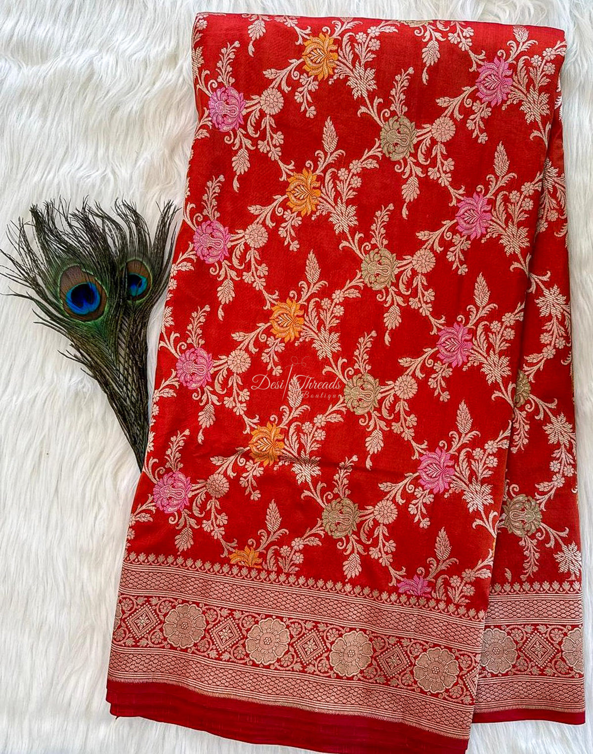 Orange Pure Katan Silk Banarasi Saree with Zari and Meenakari Jaal