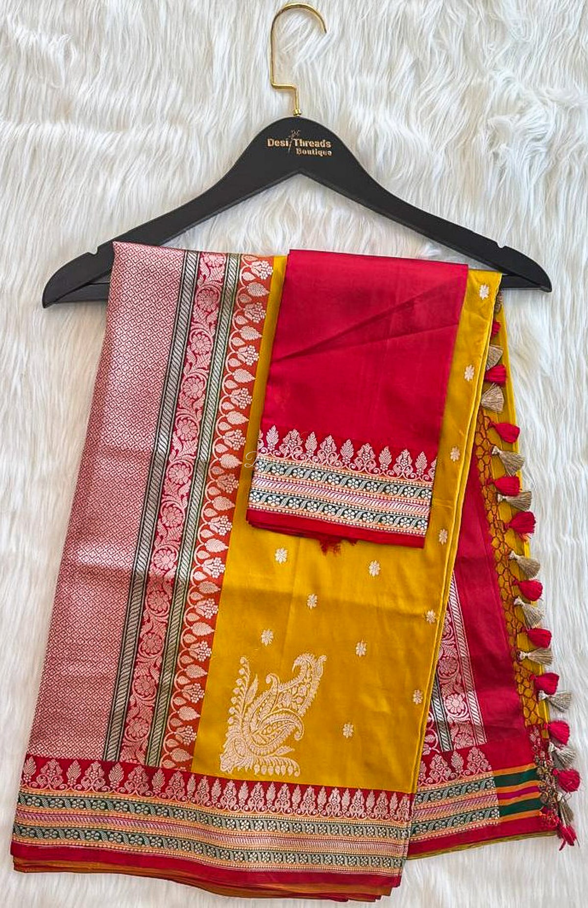 Mustard Yellow Kadwa Banarsi Saree with Red Zari Pallu