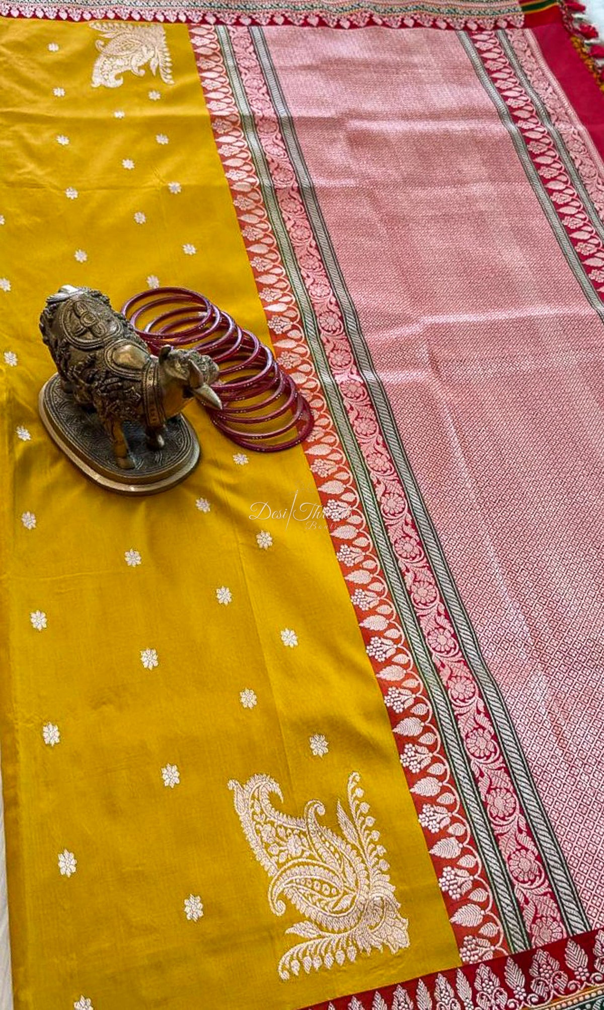 Mustard Yellow Kadwa Banarsi Saree with Red Zari Pallu