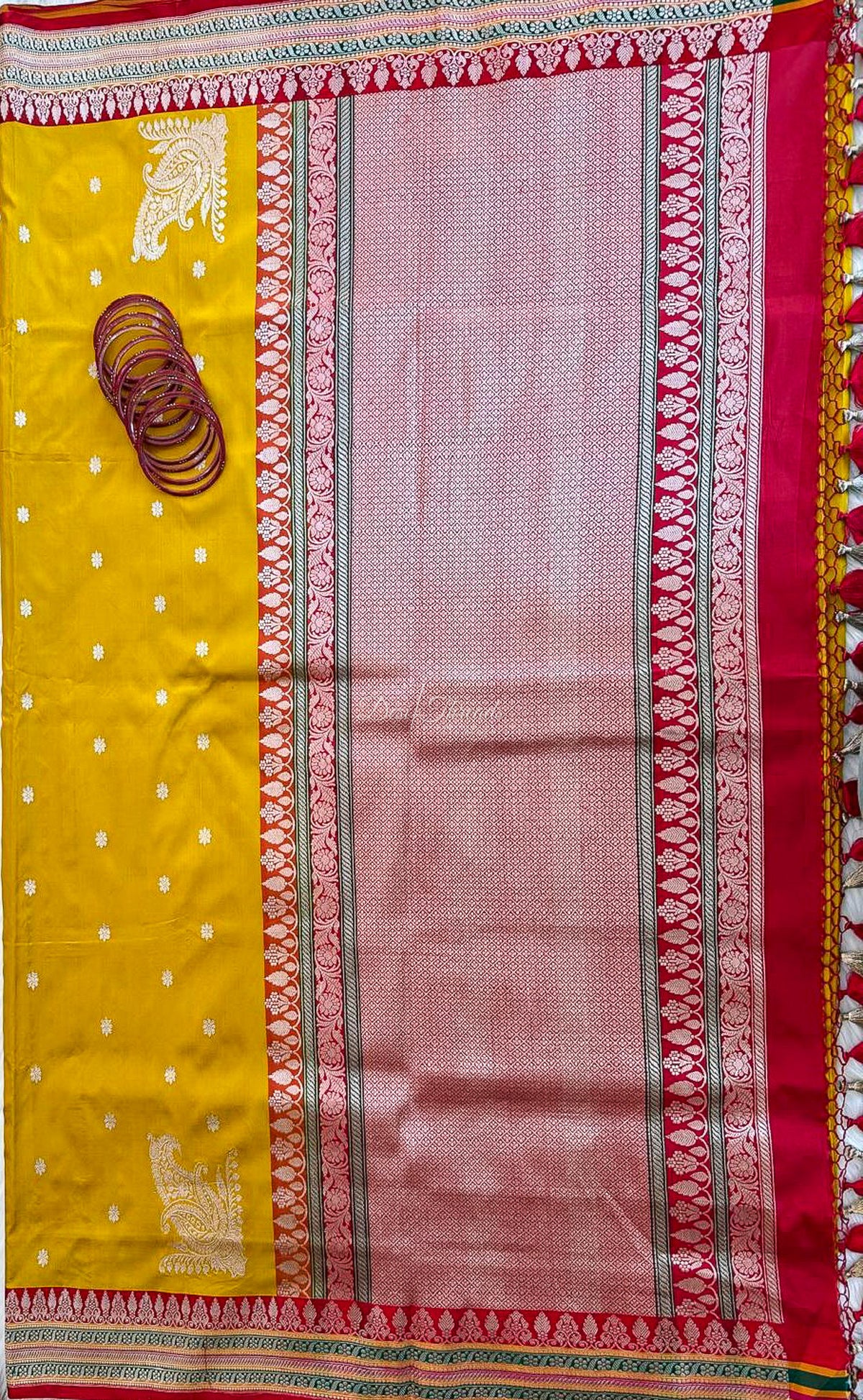 Mustard Yellow Kadwa Banarsi Saree with Red Zari Pallu