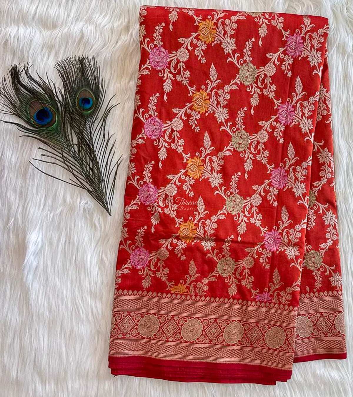 Orange Pure Katan Silk Banarasi Saree with Zari and Meenakari Jaal