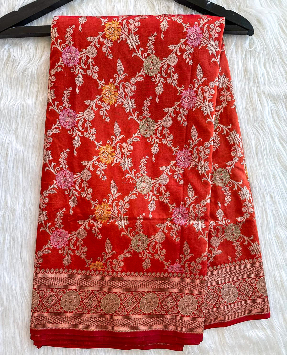 Orange Pure Katan Silk Banarasi Saree with Zari and Meenakari Jaal