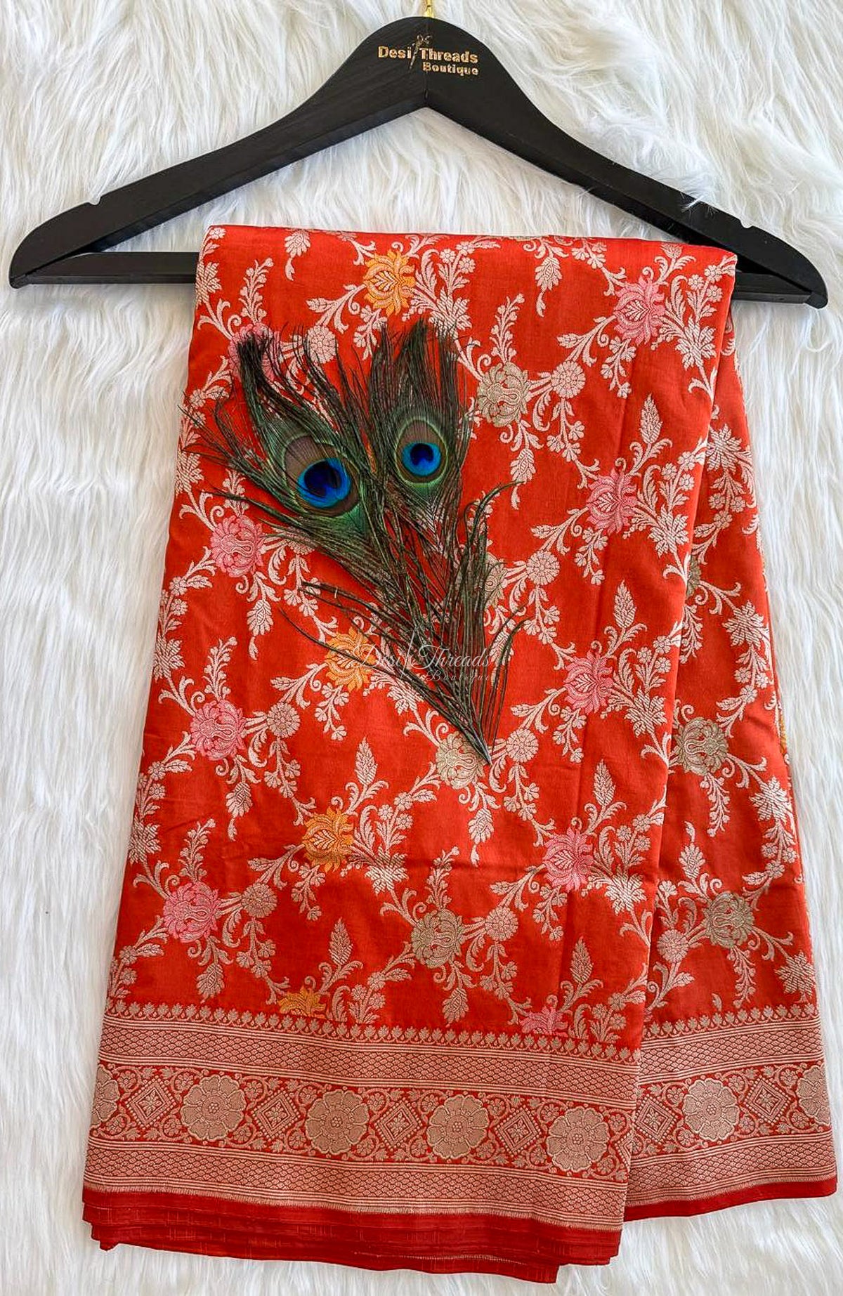 Orange Pure Katan Silk Banarasi Saree with Zari and Meenakari Jaal