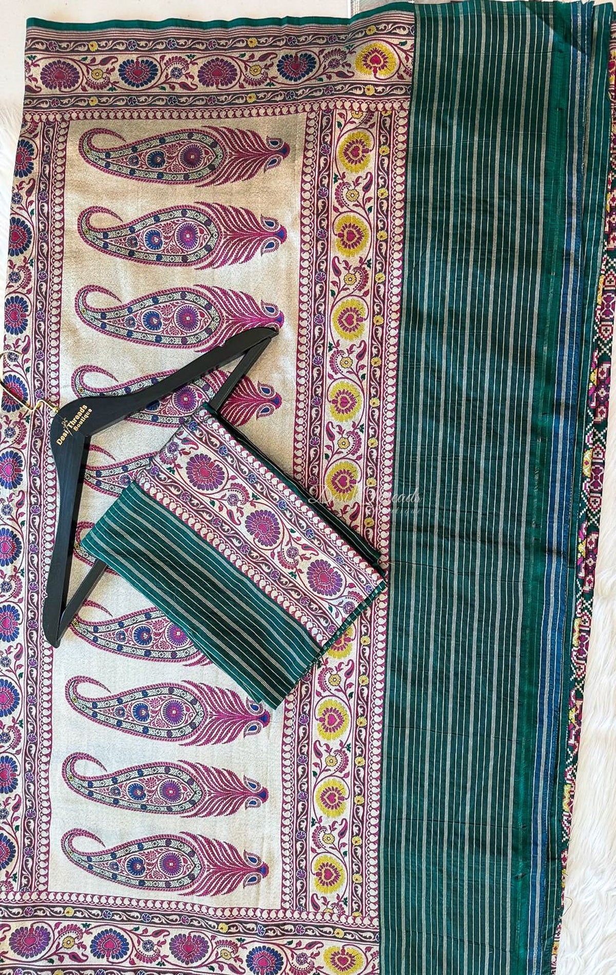 Bottle Green Pure Banarsi Patola Saree with Antique Zari Paisley Pallu