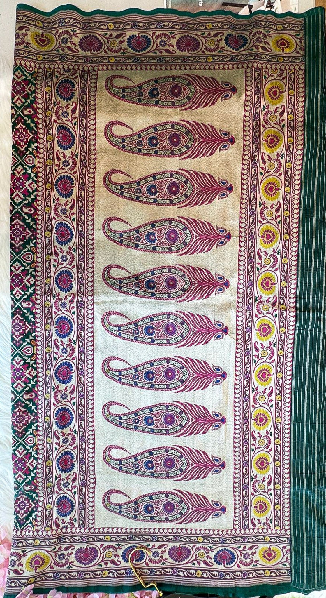 Bottle Green Pure Banarsi Patola Saree with Antique Zari Paisley Pallu