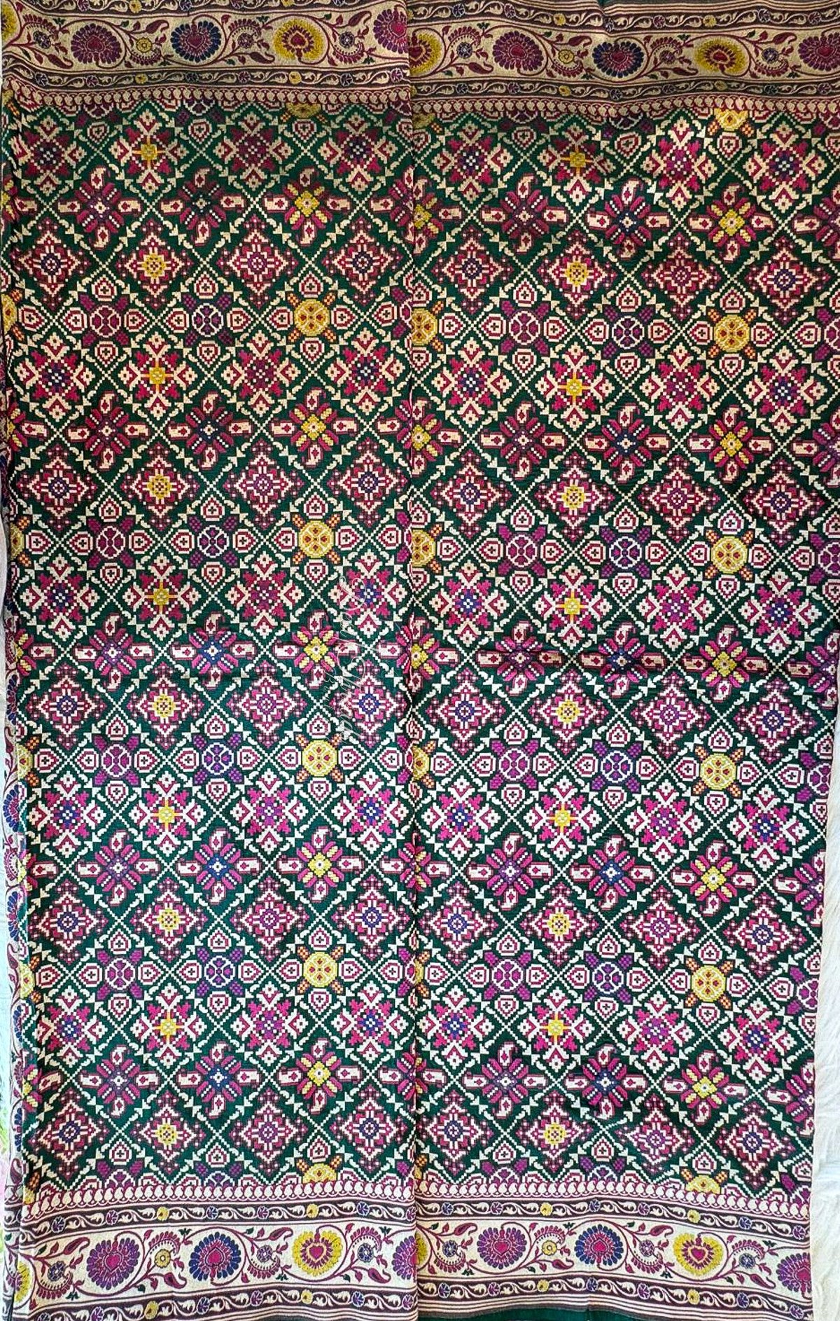 Bottle Green Pure Banarsi Patola Saree with Antique Zari Paisley Pallu