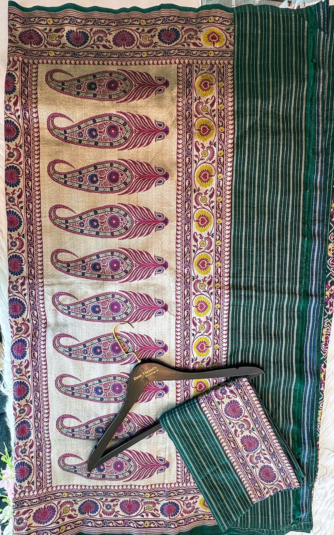 Bottle Green Pure Banarsi Patola Saree with Antique Zari Paisley Pallu