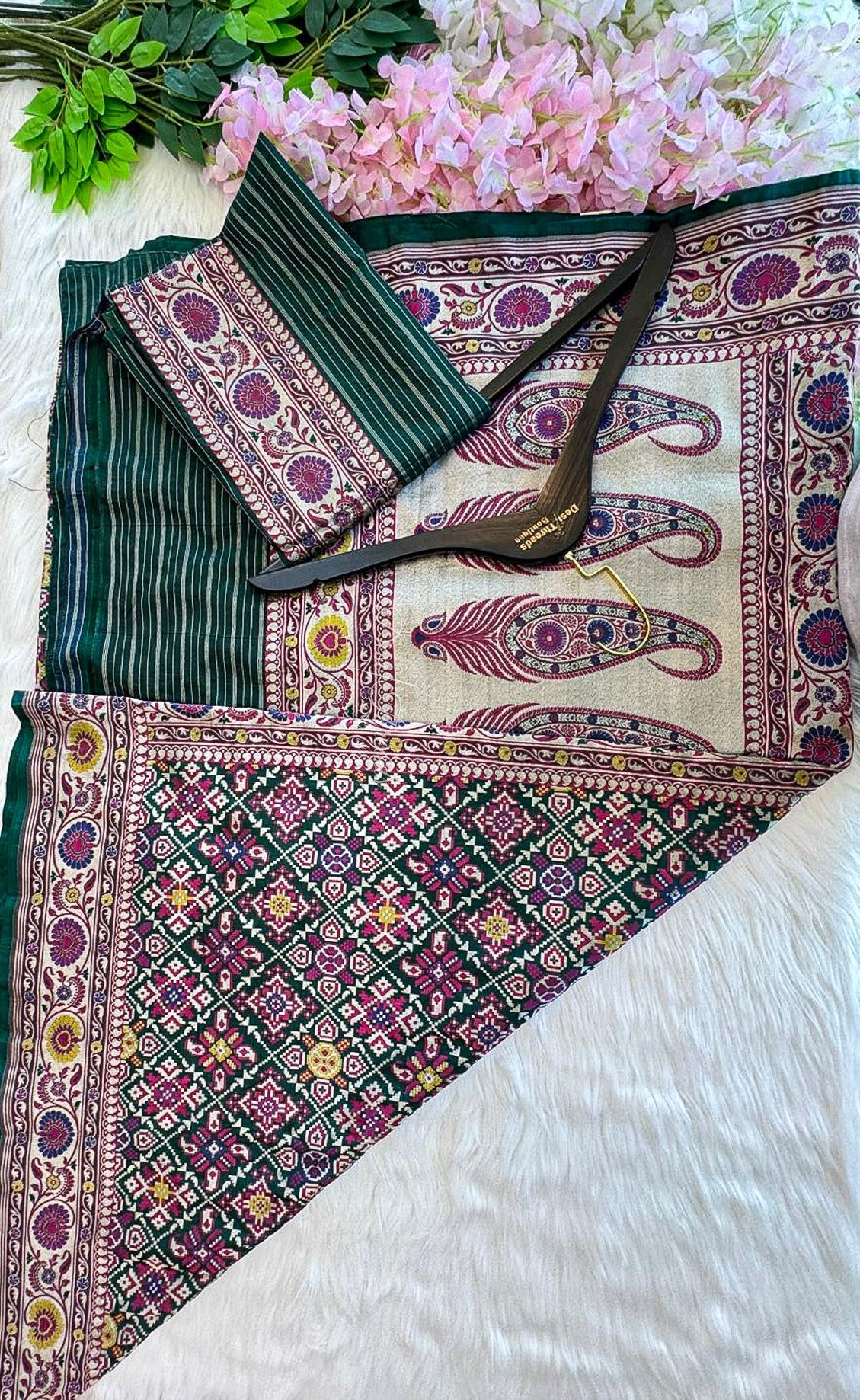 Bottle Green Pure Banarsi Patola Saree with Antique Zari Paisley Pallu