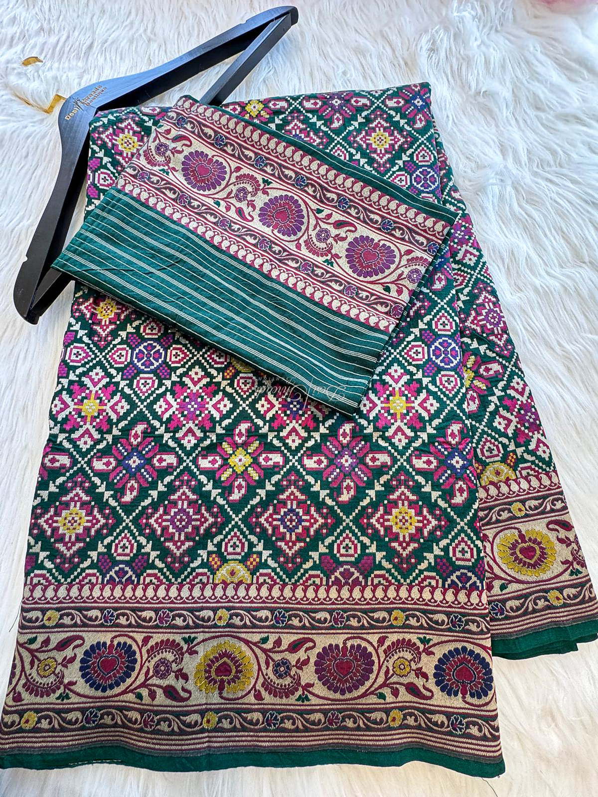 Bottle Green Pure Banarsi Patola Saree with Antique Zari Paisley Pallu