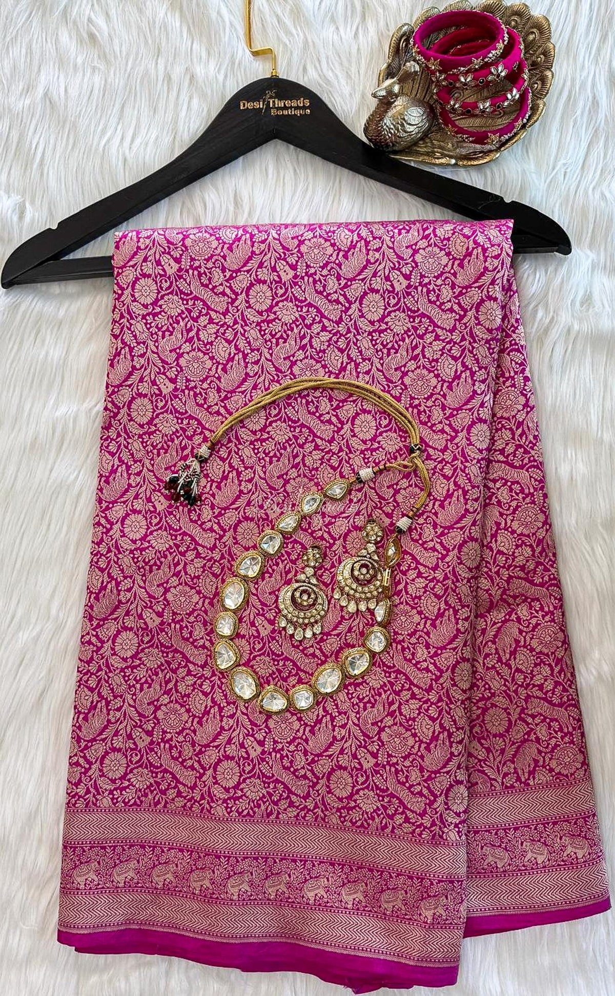 Pink Pure Katan Brocade Shikargah Saree